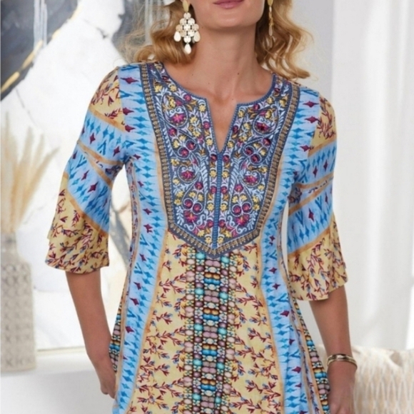Soft Surroundings Womens Multicolored Embroidered Flutter Sleeve Tunic Size L - Picture 7 of 7